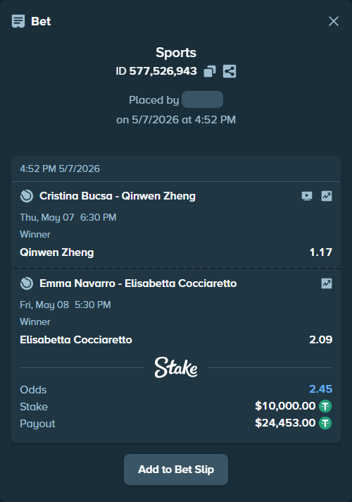 Bet slip: Cristina Bucsa - Qinwen Zheng, $10,000.00 stake at 1.17 odds, placed by Astudillo232