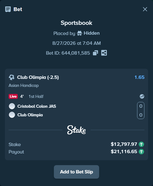 Bet slip: Cristobal Colon JAS - Club Olimpia, $12,797.97 stake at 1.65 odds, placed by Hidden