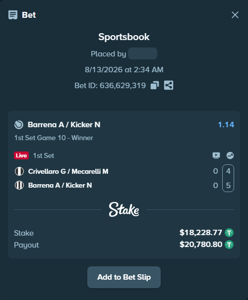 Bet slip: Crivellaro G / Mecarelli M - Barrena A / Kicker N, $18,247.00 stake at 1.14 odds, placed by diomancy