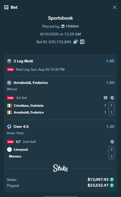 Bet slip: Crivellaro, Gabriele - Arnaboldi, Federico, $12,080.00 stake at 1.50 odds, placed by Hidden