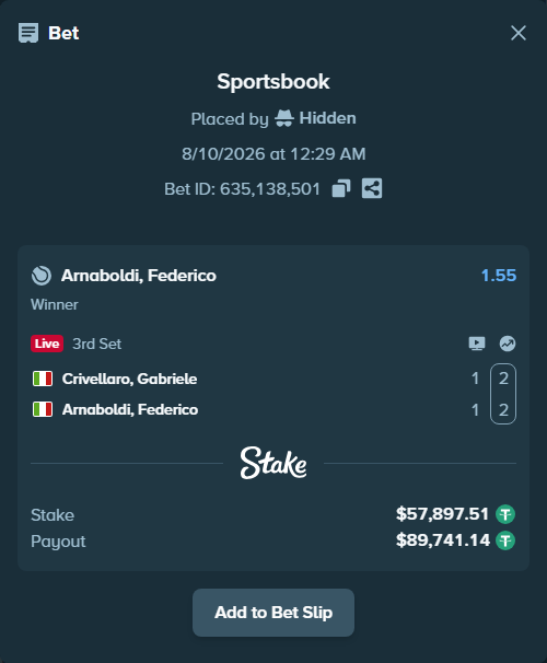 Bet slip: Crivellaro, Gabriele - Arnaboldi, Federico, $57,955.40 stake at 1.55 odds, placed by Hidden