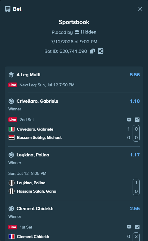 Bet slip: Crivellaro, Gabriele - Bassem Sobhy, Michael, $40,000.00 stake at 1.18 odds, placed by Hidden