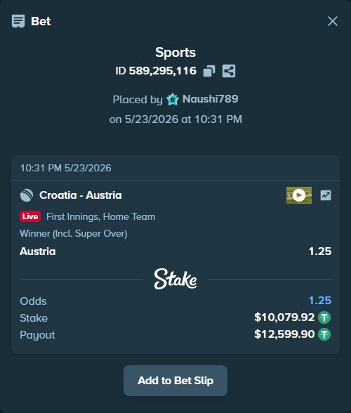 Bet slip: Croatia - Austria, $10,090.00 stake at 1.25 odds, placed by Naushi789
