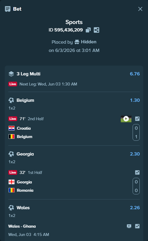 Bet slip: Croatia - Belgium, $10,010.00 stake at 1.30 odds, placed by Hidden