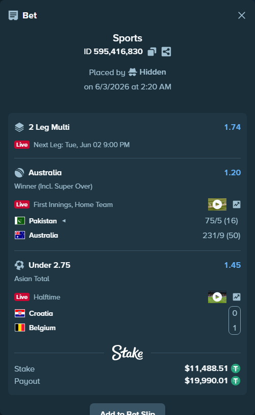Bet slip: Croatia - Belgium, $11,500.00 stake at 1.45 odds, placed by Hidden