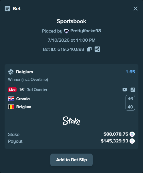 Bet slip: Croatia - Belgium, $81,160.65 stake at 1.65 odds, placed by Prettylfacko98
