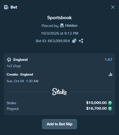 Bet slip: Croatia - England, $10,000.00 stake at 1.67 odds, placed by DMNTE96
