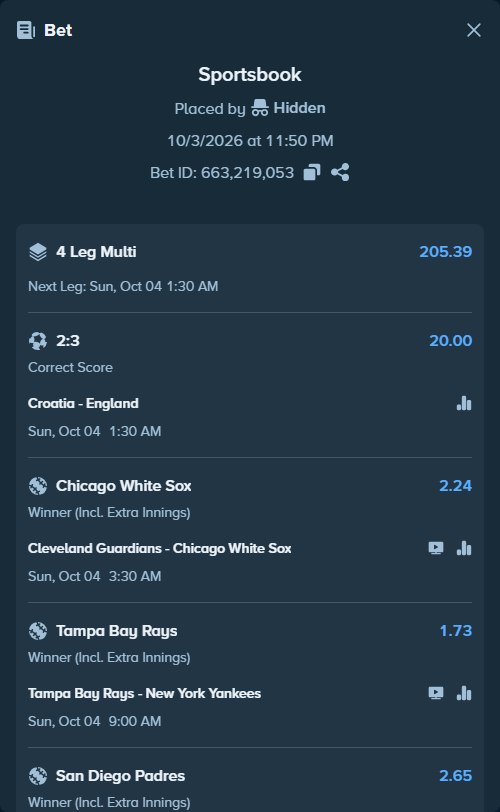 Bet slip: Croatia - England, $10,000.00 stake at 20.00 odds, placed by Hidden
