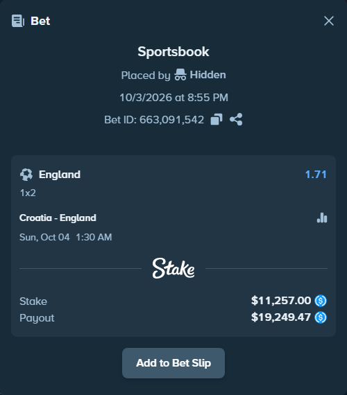 Bet slip: Croatia - England, $11,257.00 stake at 1.71 odds, placed by Fekah4