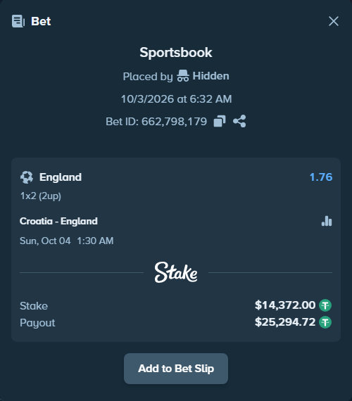 Bet slip: Croatia - England, $14,372.00 stake at 1.76 odds, placed by DMNTE96