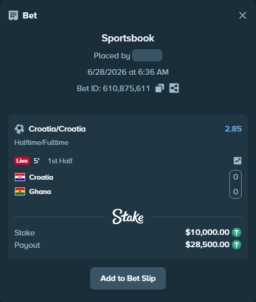 Bet slip: Croatia - Ghana, $10,010.00 stake at 2.85 odds, placed by Othmane2kiks