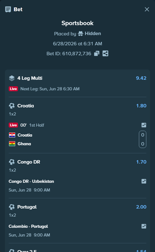 Bet slip: Croatia - Ghana, $125,178.69 stake at 1.80 odds, placed by Hidden