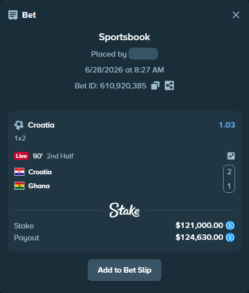 Bet slip: Croatia - Ghana, $121,000.00 stake at 1.03 odds, placed by Hasse5