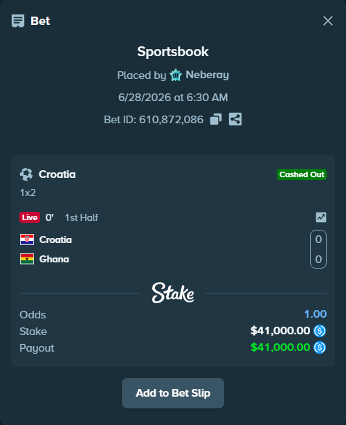 Bet slip: Croatia - Ghana, $41,000.00 stake at 1.80 odds, placed by Neberay