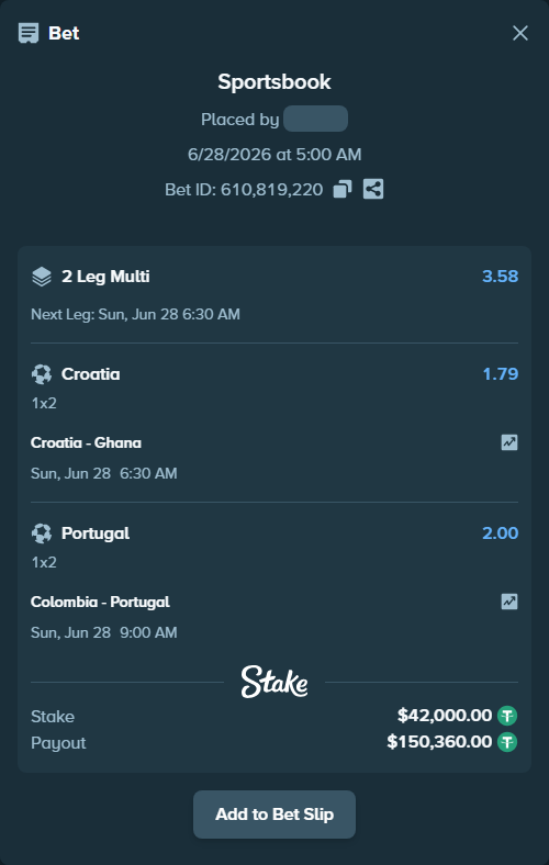 Bet slip: Croatia - Ghana, $42,042.00 stake at 1.79 odds, placed by Rosspicks