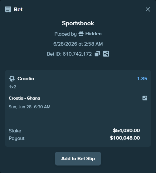 Bet slip: Croatia - Ghana, $54,080.00 stake at 1.85 odds, placed by MaryamRich
