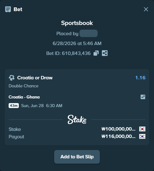 Bet slip: Croatia - Ghana, $75,000.00 stake at 1.16 odds, placed by piropiro12