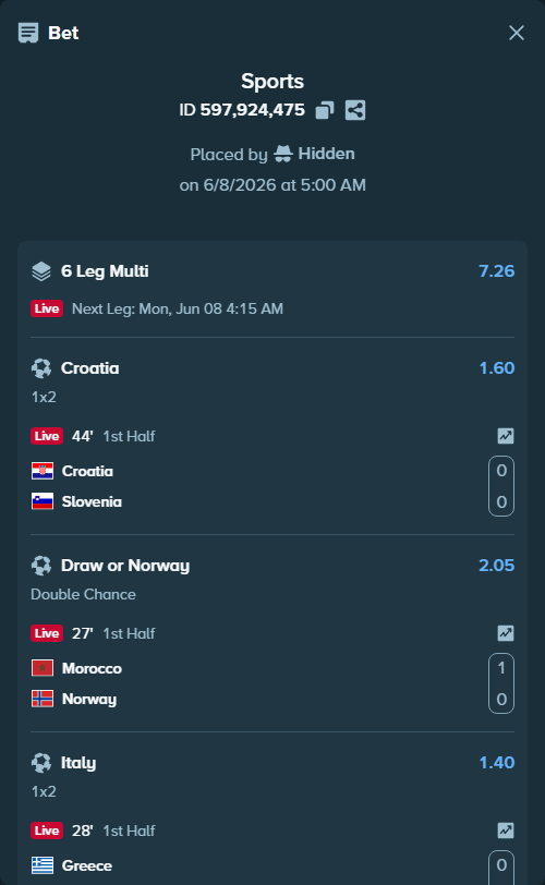 Bet slip: Croatia - Slovenia, $25,730.30 stake at 1.60 odds, placed by Hidden