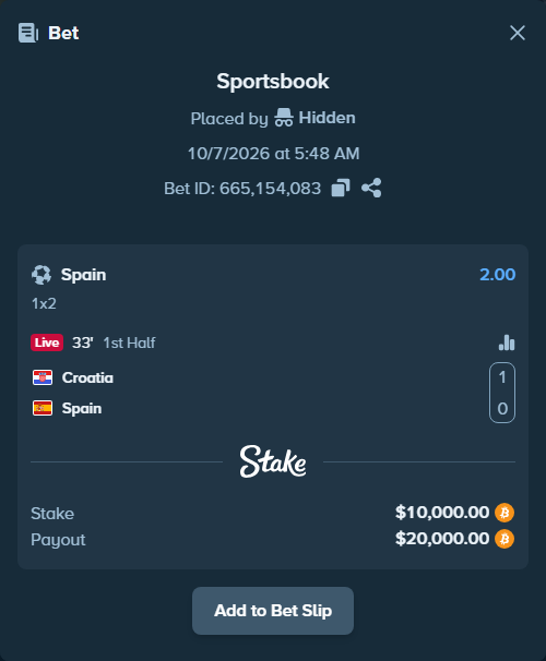 Bet slip: Croatia - Spain, $9,800.78 stake at 2.00 odds, placed by Hidden