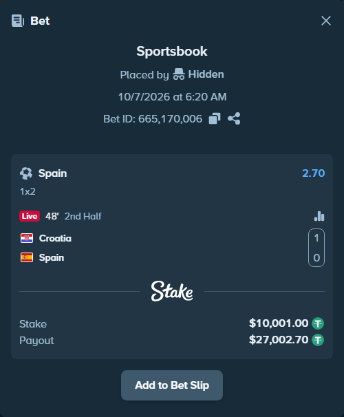 Bet slip: Croatia - Spain, $10,000.00 stake at 2.70 odds, placed by Agus1033
