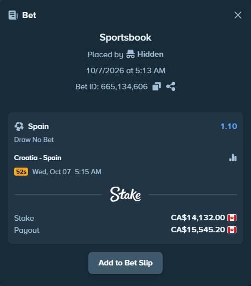 Bet slip: Croatia - Spain, $10,457.68 stake at 1.10 odds, placed by kkshapoval
