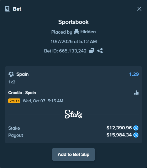 Bet slip: Croatia - Spain, $12,390.96 stake at 1.29 odds, placed by Hidden