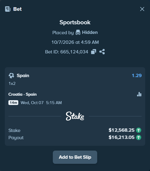 Bet slip: Croatia - Spain, $12,568.25 stake at 1.29 odds, placed by Valaker98