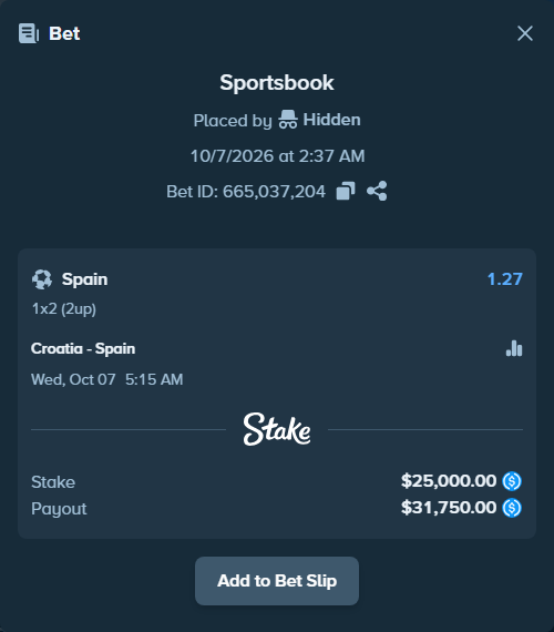 Bet slip: Croatia - Spain, $25,000.00 stake at 1.27 odds, placed by LinnPersonal