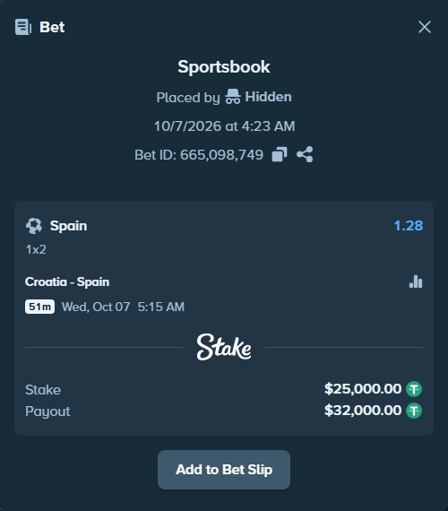 Bet slip: Croatia - Spain, $25,000.00 stake at 1.28 odds, placed by Iben1993