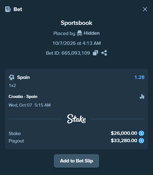 Bet slip: Croatia - Spain, $26,000.00 stake at 1.28 odds, placed by mathiasjuel