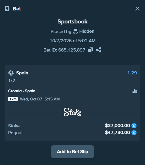 Bet slip: Croatia - Spain, $37,000.00 stake at 1.29 odds, placed by winnirium228