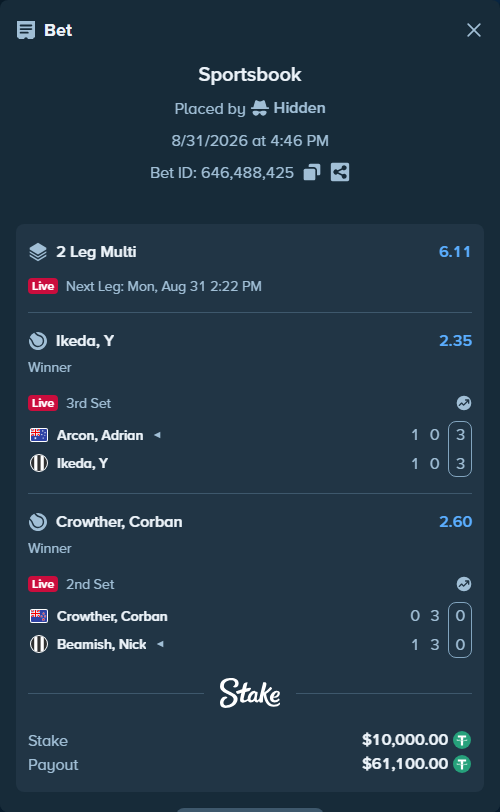 Bet slip: Crowther, Corban - Beamish, Nick, $10,000.00 stake at 2.60 odds, placed by Hidden