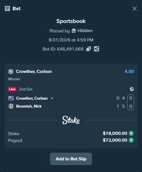 Bet slip: Crowther, Corban - Beamish, Nick, $18,000.00 stake at 4.00 odds, placed by Hidden