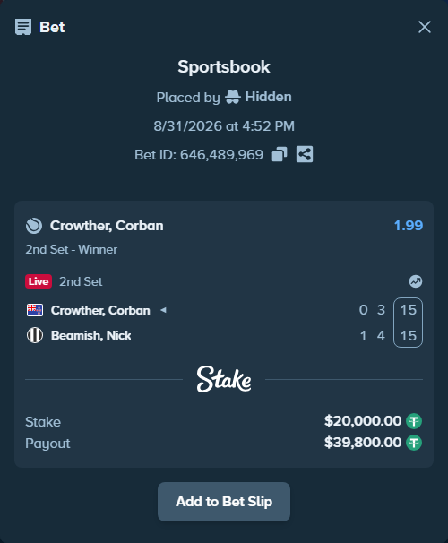 Bet slip: Crowther, Corban - Beamish, Nick, $20,000.00 stake at 1.99 odds, placed by Hidden
