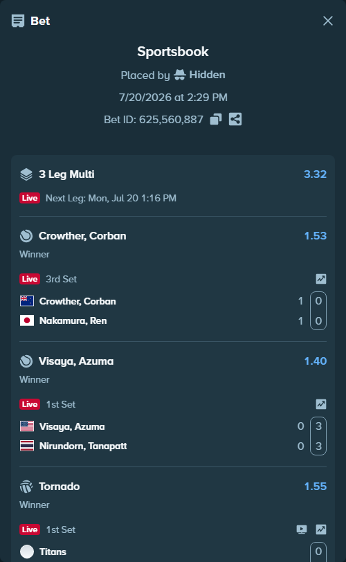 Bet slip: Crowther, Corban - Nakamura, Ren, $10,000.00 stake at 1.53 odds, placed by Hidden