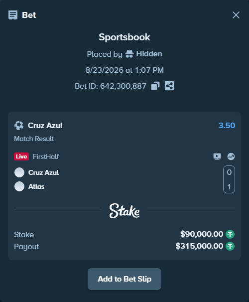 Bet slip: Cruz Azul - Atlas, $89,991.00 stake at 3.50 odds, placed by Hidden