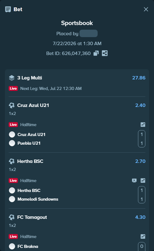Bet slip: Cruz Azul - Puebla, $11,838.00 stake at 2.40 odds, placed by kabic555