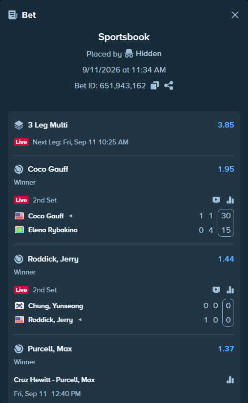Bet slip: Cruz Hewitt - Purcell, Max, $18,163.00 stake at 1.37 odds, placed by Hidden