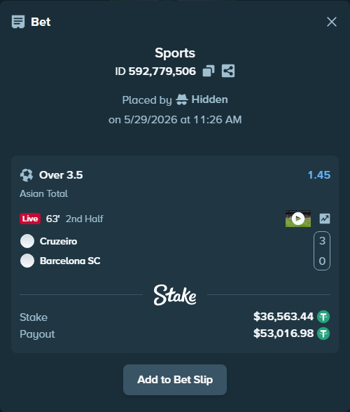 Bet slip: Cruzeiro - Barcelona SC, $36,600.00 stake at 1.45 odds, placed by Hidden
