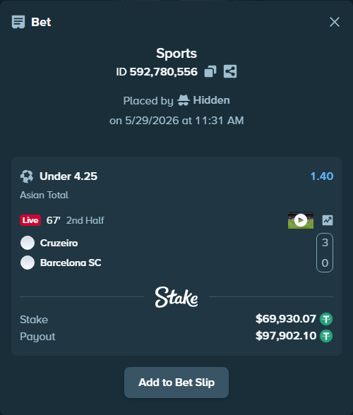 Bet slip: Cruzeiro - Barcelona SC, $70,000.00 stake at 1.40 odds, placed by Hidden