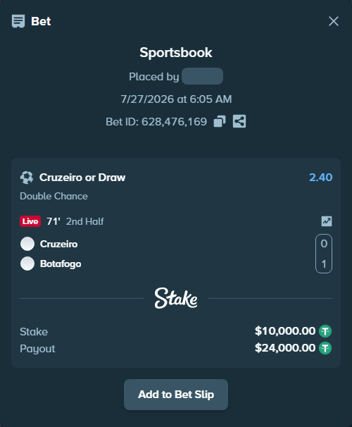 Bet slip: Cruzeiro - Botafogo, $10,000.00 stake at 2.40 odds, placed by ArdianHertica