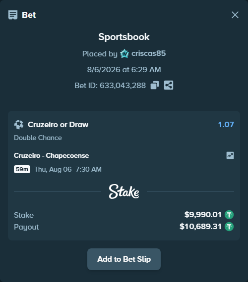 Bet slip: Cruzeiro - Chapecoense, $10,000.00 stake at 1.07 odds, placed by criscas85