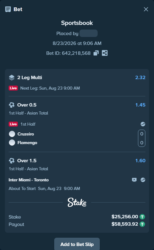 Bet slip: Cruzeiro - Flamengo, $25,256.00 stake at 1.45 odds, placed by tlwns4736