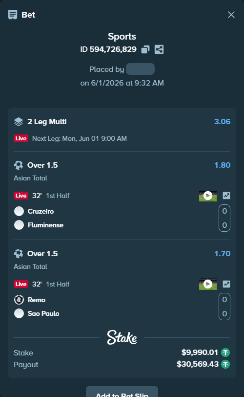 Bet slip: Cruzeiro - Fluminense, $10,000.00 stake at 1.80 odds, placed by Kaidou827