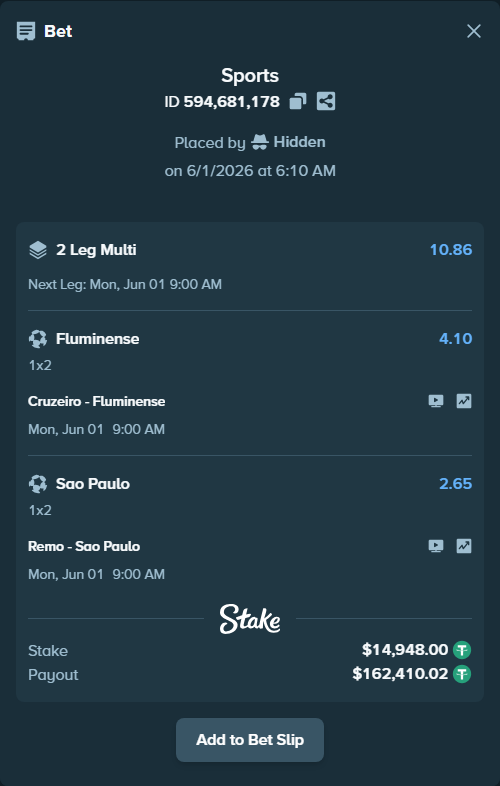 Bet slip: Cruzeiro - Fluminense, $14,962.95 stake at 4.10 odds, placed by Hidden