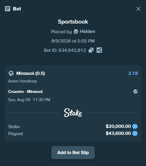 Bet slip: Cruzeiro - Mirassol, $20,000.00 stake at 2.18 odds, placed by Hidden