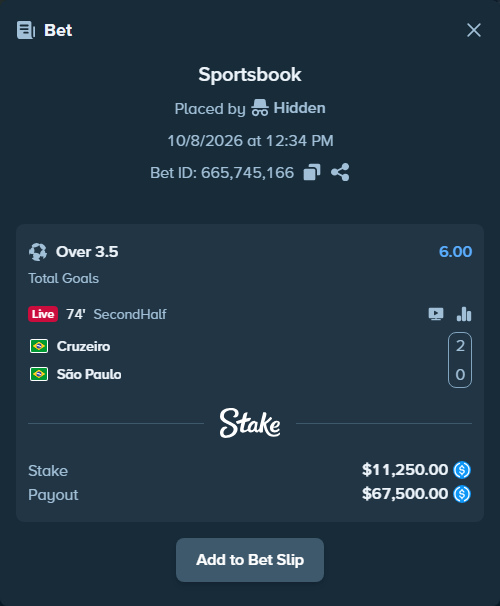 Bet slip: Cruzeiro - Sao Paulo, $11,250.00 stake at 6.00 odds, placed by Hidden