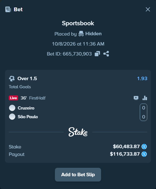 Bet slip: Cruzeiro - Sao Paulo, $60,483.87 stake at 1.93 odds, placed by Hidden