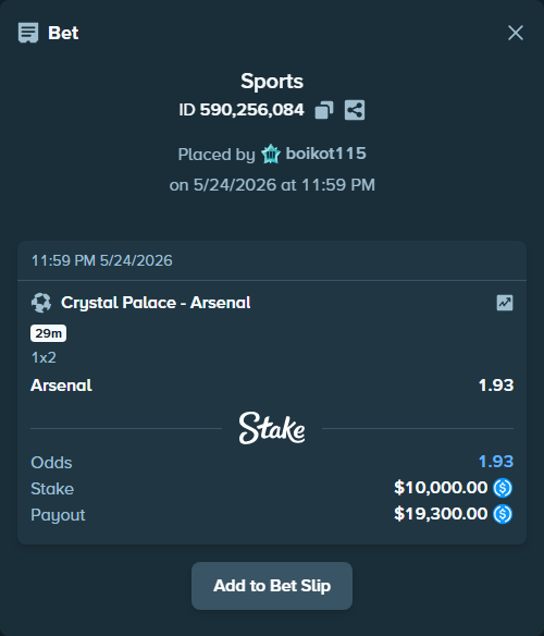 Bet slip: Crystal Palace - Arsenal, $10,000.00 stake at 1.93 odds, placed by boikot115