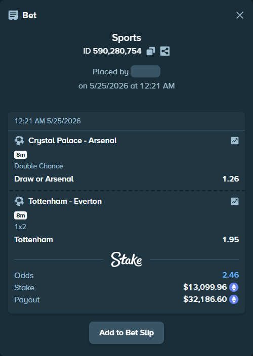 Bet slip: Crystal Palace - Arsenal, $10,853.12 stake at 1.26 odds, placed by Boat1101